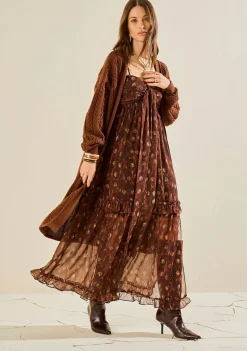 Vestido Morena Rosa Ajustado Decote Reto Com Alça Midi Marrom