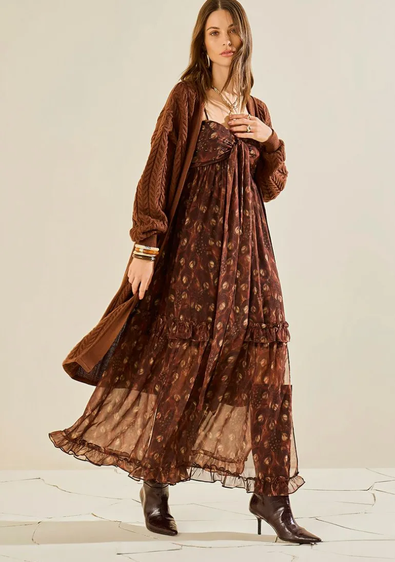 Vestido Morena Rosa Ajustado Decote Reto Com Alça Midi Marrom