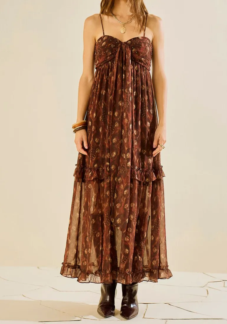 Vestido Morena Rosa Ajustado Decote Reto Com Alça Midi Marrom