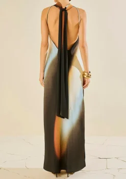 Vestido Morena Rosa Ajustado Gola Alta Manga Longa Longo Preto/Azul