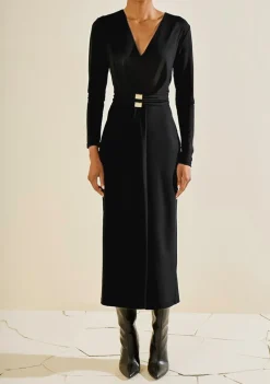 Vestido Morena Rosa Ajustado Decote V Manga Longa Midi Preto
