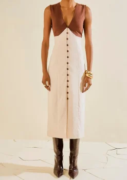 Vestido Morena Rosa Ajustado Decote V Manga Curta Midi Bege