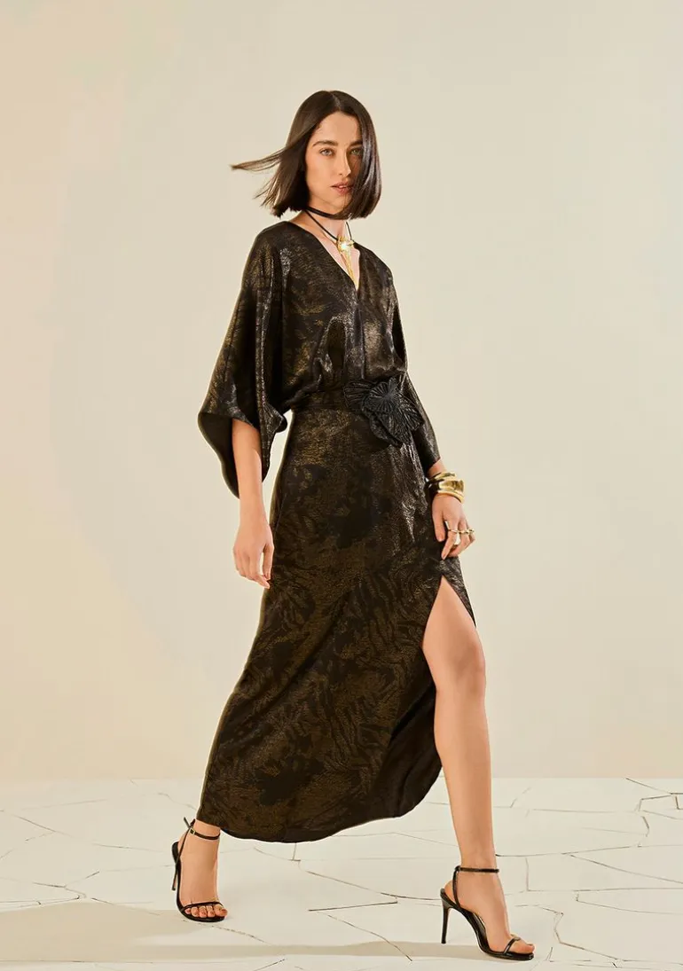 Vestido Morena Rosa Ajustado Decote V Manga Longa Longo Preto