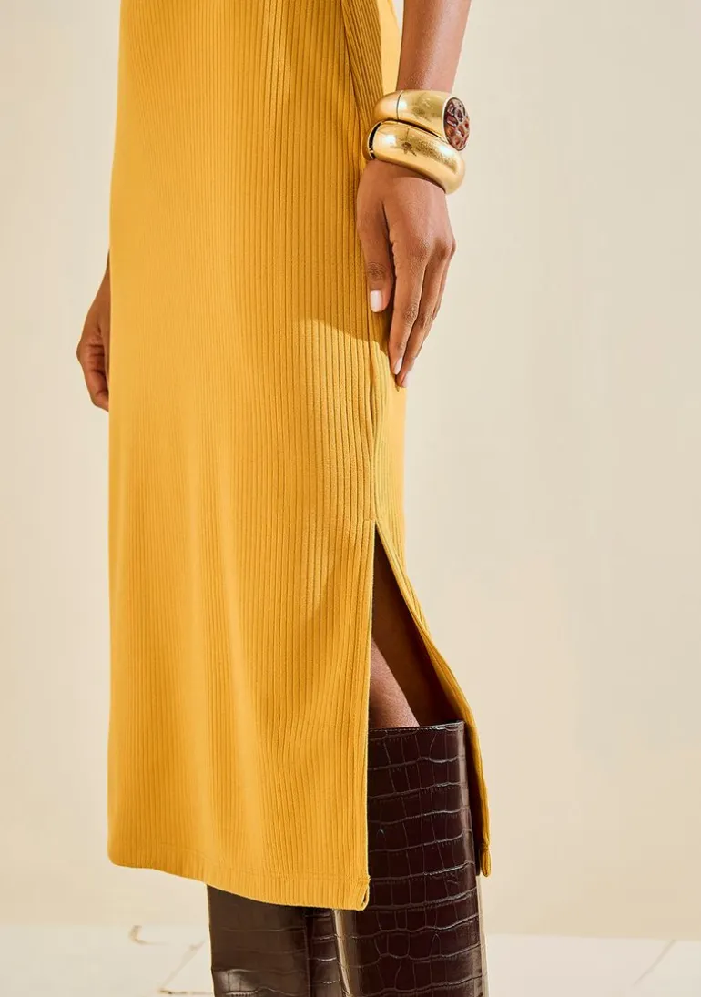 Vestido Morena Rosa Ajustado Decote Reto Manga Curta Midi Amarelo