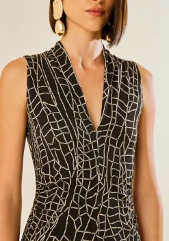 Vestido Morena Rosa Ajustado Decote V Sem Manga Midi Preto/Branco