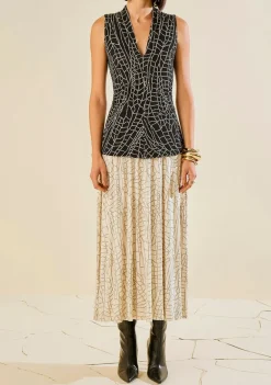 Vestido Morena Rosa Ajustado Decote V Sem Manga Midi Preto/Branco