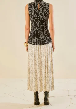 Vestido Morena Rosa Ajustado Decote V Sem Manga Midi Preto/Branco