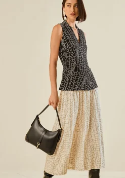 Vestido Morena Rosa Ajustado Decote V Sem Manga Midi Preto/Branco