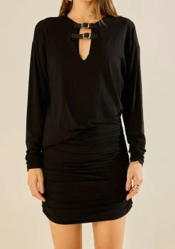 Vestido Morena Rosa Ajustado Decote V Manga Longa Curto Preto