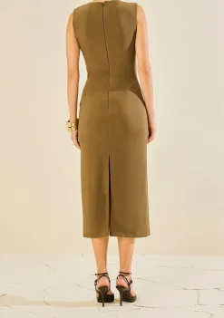 Vestido Morena Rosa Ajustado Decote Careca Manga Curta Midi Verde