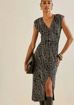 Vestido Morena Rosa Ajustado Decote Transpassado Sem Manga Midi Preto/Branco