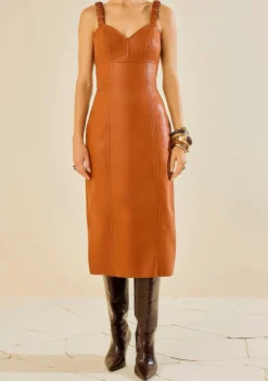 Vestido Morena Rosa Ajustado Decote V Com Alça Midi Marrom