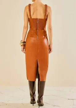 Vestido Morena Rosa Ajustado Decote V Com Alça Midi Marrom