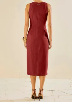 Vestido Morena Rosa Ajustado Decote V Com Alça Midi Vermelho