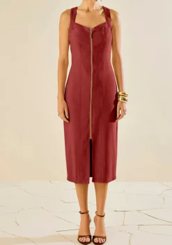 Vestido Morena Rosa Ajustado Decote V Com Alça Midi Vermelho
