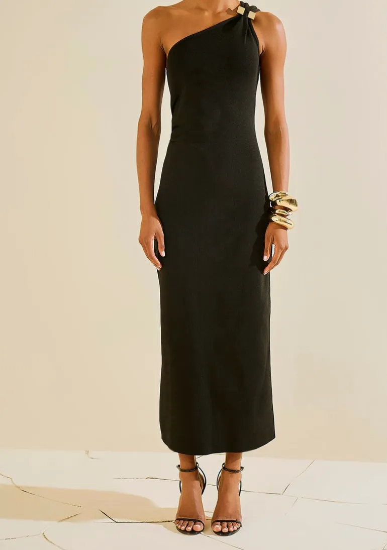 Vestido Morena Rosa Ajustado Um Ombro Só Sem Manga Midi Preto
