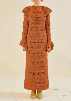 Vestido Morena Rosa Ajustado Decote Careca Manga Longa Longo Marrom