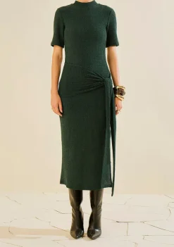Vestido Morena Rosa Ajustado Gola Alta Manga Longa Midi Verde