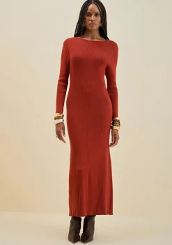 Vestido Morena Rosa Ajustado Decote Costas Manga Longa Longo Marrom