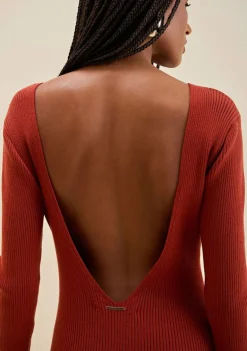 Vestido Morena Rosa Ajustado Decote Costas Manga Longa Longo Marrom