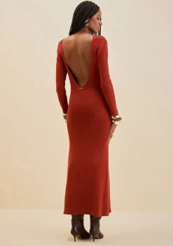 Vestido Morena Rosa Ajustado Decote Costas Manga Longa Longo Marrom