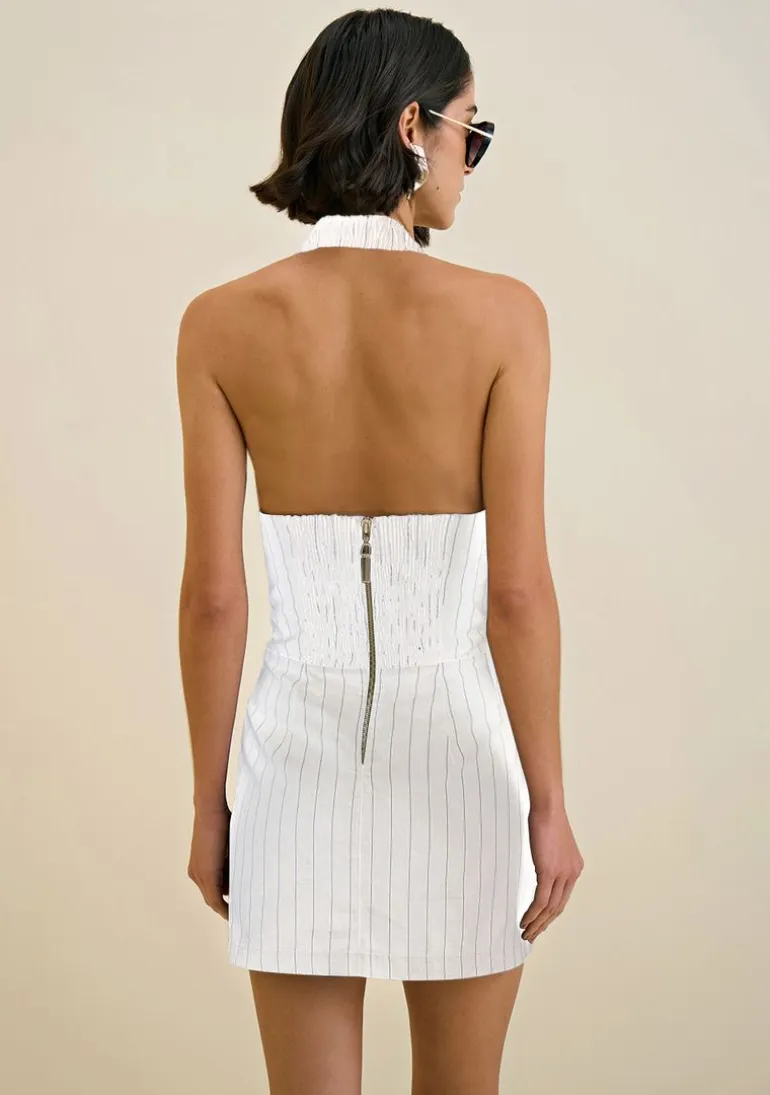 Vestido Morena Rosa Curto Decote Reto Com Cinto Cinza