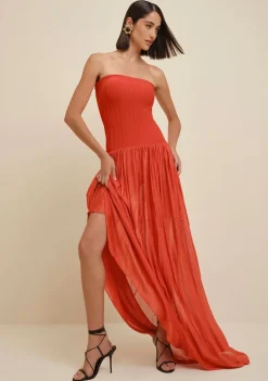 Vestido Morena Rosa Longo Decote Reto Tricot Laranja
