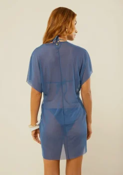 Vestido Morena Rosa Renata Solto Decote Transpassado Manga Curta Curto Azul Escuro