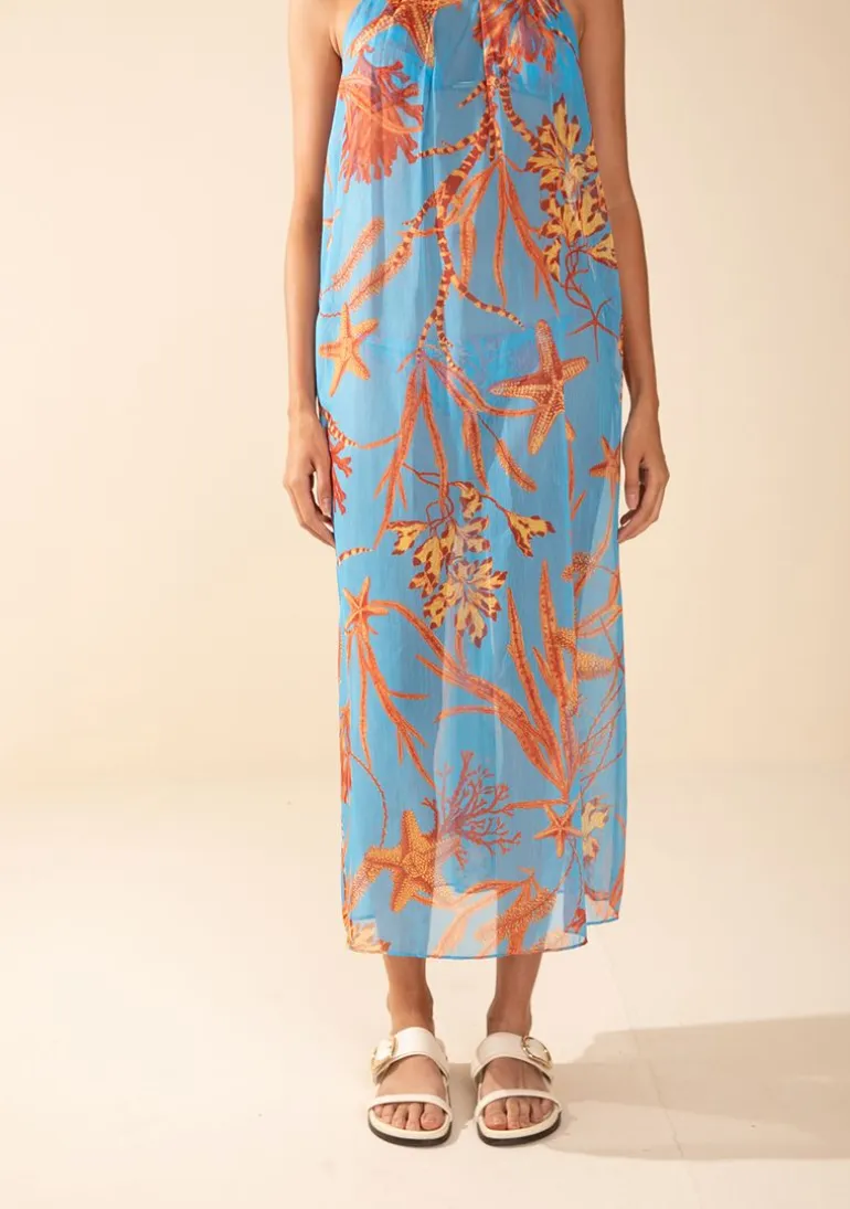 Vestido Morena Rosa Solto Cava Francesa Com Alça Midi Azul