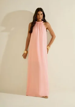 Vestido Morena Rosa Solto Cava Francesa Sem Manga Longo Rosa