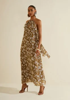 Vestido Morena Rosa Solto Cava Francesa Sem Manga Midi Marrom
