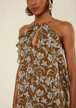 Vestido Morena Rosa Solto Cava Francesa Sem Manga Midi Marrom