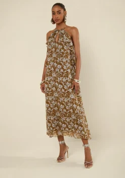 Vestido Morena Rosa Solto Cava Francesa Sem Manga Midi Marrom