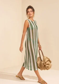 Vestido Morena Rosa Solto Decote Careca Sem Manga Midi Verde
