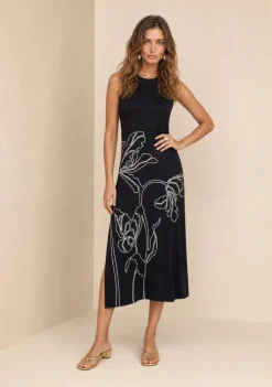 Vestido Morena Rosa Solto Decote Careca Sem Manga Longo Preto