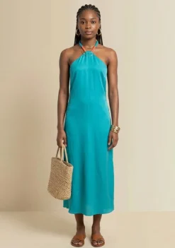 Vestido Morena Rosa Solto Decote Costas Sem Manga Longo Azul