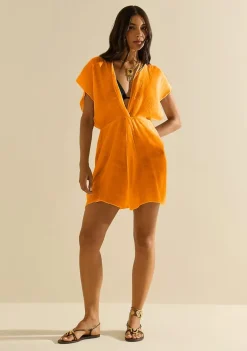 Vestido Morena Rosa Solto Decote V Manga Curta Curto Laranja