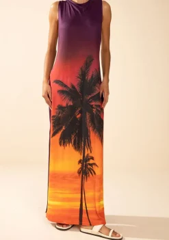 Vestido Morena Rosa Solto Decote Careca Sem Manga Longo Laranja