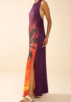 Vestido Morena Rosa Solto Decote Careca Sem Manga Longo Laranja