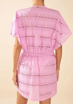 Vestido Morena Rosa Solto Decote V Manga Curta Curto Rosa