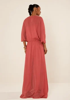 Vestido Morena Rosa Solto Decote V Manga Curta Longo Rosa