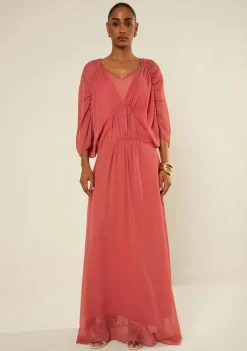 Vestido Morena Rosa Solto Decote V Manga Curta Longo Rosa