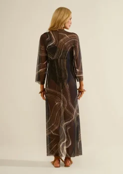 Vestido Morena Rosa Solto Decote V Manga Longa Longo Preto/Branco
