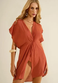 Vestido Morena Rosa Solto Decote V Manga Curta Curto Laranja
