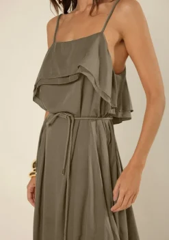 Vestido Morena Rosa Solto Decote Reto Com Alça Midi Verde