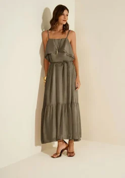 Vestido Morena Rosa Solto Decote Reto Com Alça Midi Verde