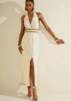 Vestido Morena Rosa Solto Decote V Com Alça Longo Bege