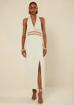 Vestido Morena Rosa Solto Decote V Com Alça Longo Bege