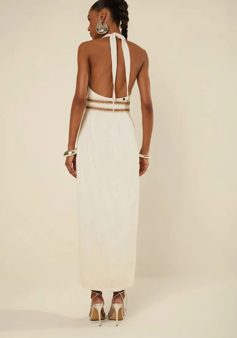 Vestido Morena Rosa Solto Decote V Com Alça Longo Bege