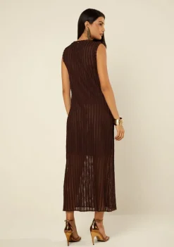 Vestido Morena Rosa Solto Decote Canoa Sem Manga Midi Marrom